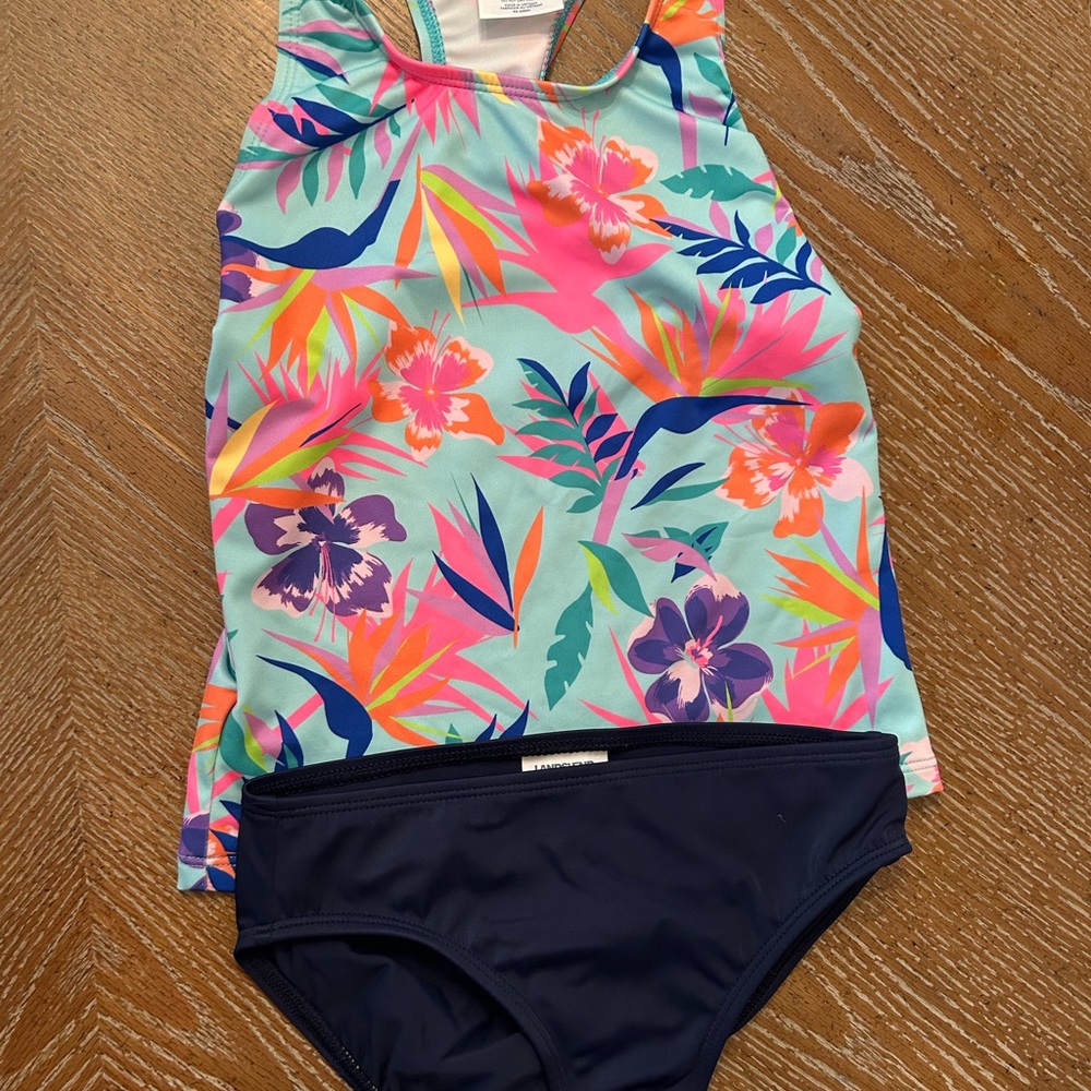 Lands' End Kids Tropical Floral Bikini - Blue and Pink 7 slim